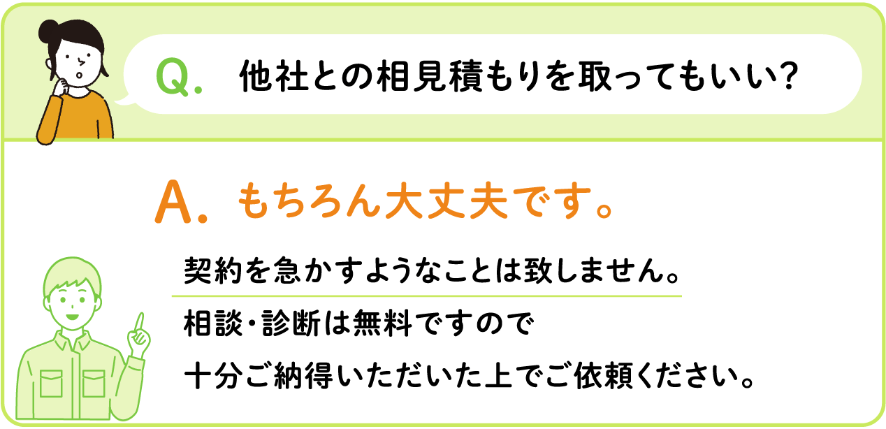 Q.他社との相見積もりを取ってもいい？ A.もちろん大丈夫です。 契約を急かすようなことは致しません。 相談・診断は無料ですので 十分ご納得いただいた上でご依頼ください。